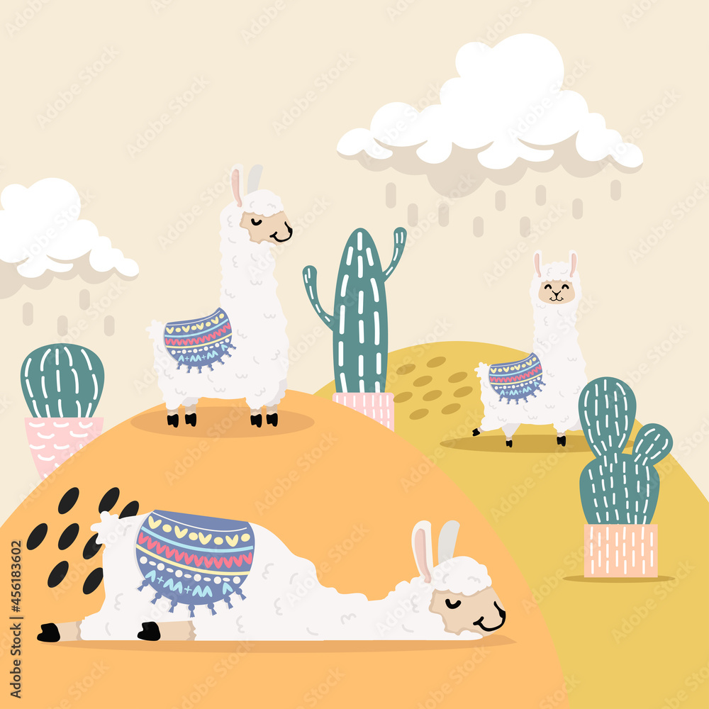 Fototapeta premium Cute llama and alpaca with cactus