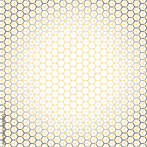Abstract, golden colored and hexagonal mosaic pattern. Golden frames on white background.