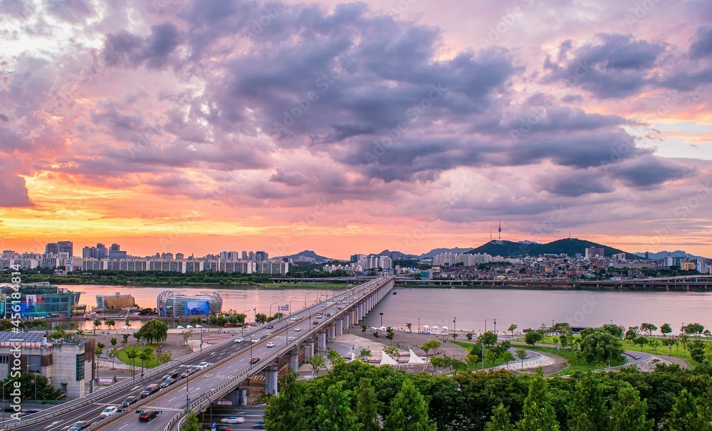 sunset located on Han river near banpo bridge time in Seoul city South Korea twilight time view 18 july 2021

