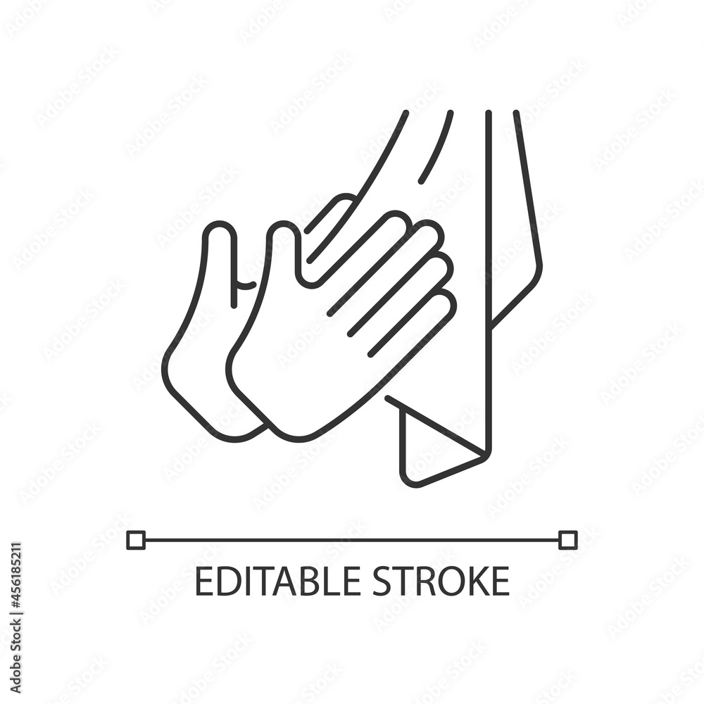 Dry hands with towel linear icon. Effective bacteria removing. Using paper and textile towels. Thin line customizable illustration. Contour symbol. Vector isolated outline drawing. Editable stroke Dry hands with towel linear icon. Effective bacteria removing. Using paper and textile towels. Thin line customizable illustration. Contour symbol. Vector isolated outline drawing. Editable stroke