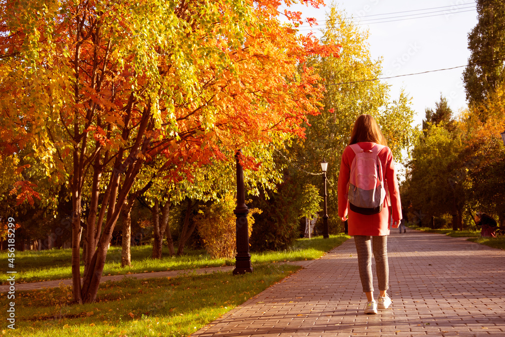 Faceless female traveler walking in park Faceless female traveler walking in park