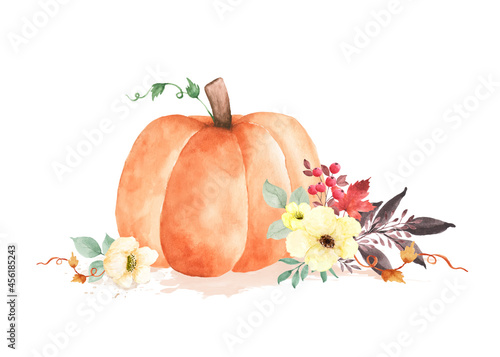 Autumn watercolor illustration with orange pumpkins and flowers leaves