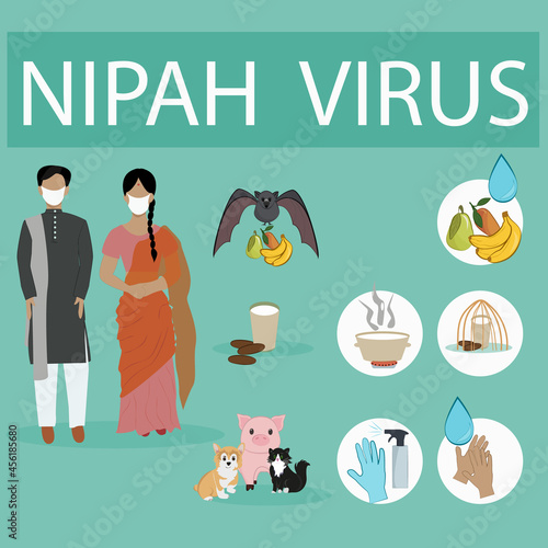 Nipah. An infection caused by the nipah virus (niv), which is a dangerous virus transmitted by bats. Transmission of infection from animals. Dysenfection. The fruit must be rinsed. Date palm juice. photo