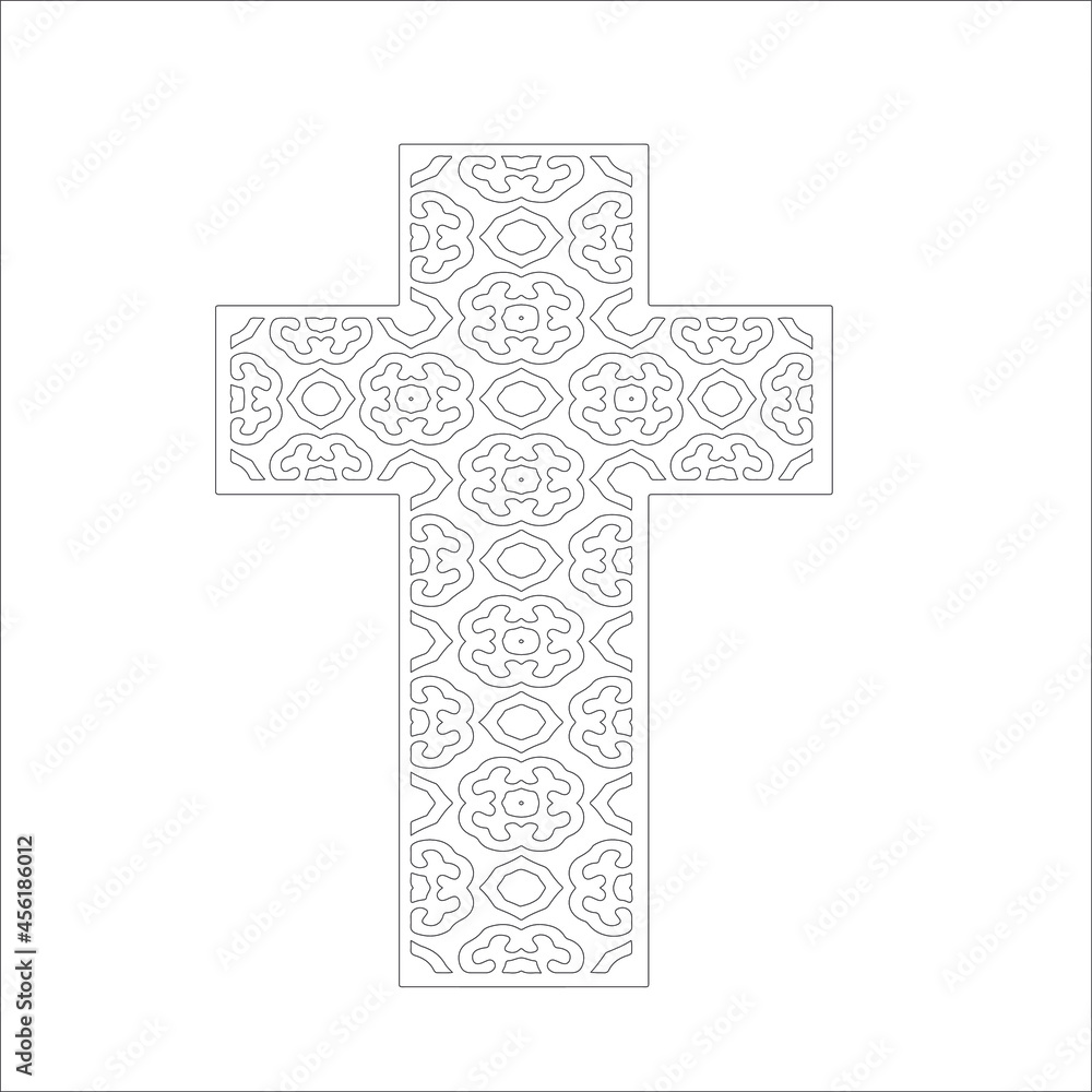 cross with black and white patterns on a white background. 
Repeating geometric pattern from striped elements. 