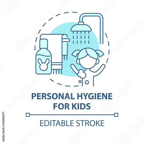 Personal hygiene for kids blue concept icon. Teach child of hygiene routine abstract idea thin line illustration. Wash hands and teeth. Vector isolated outline color drawing. Editable stroke