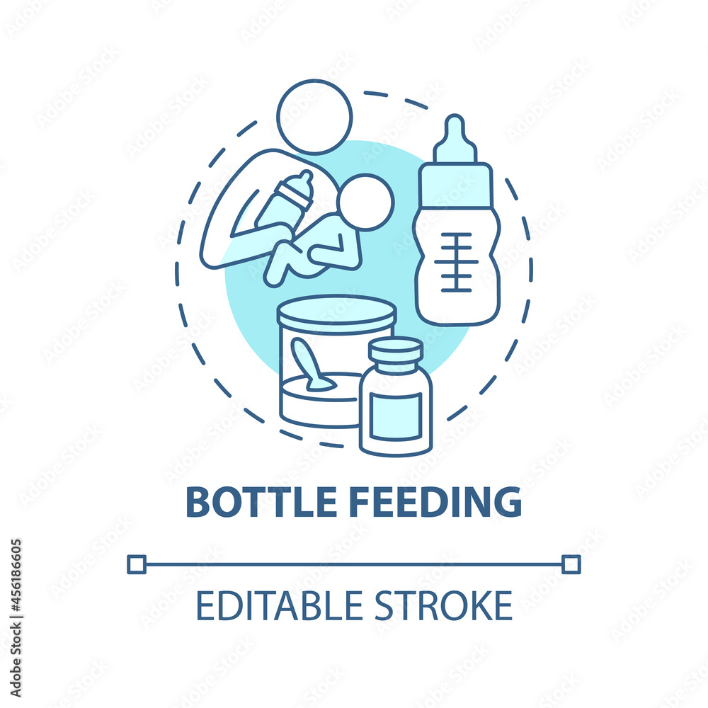 Bottle feeding blue concept icon. Feed baby with formula abstract idea thin line illustration. Feeding position. Bond between mother and newborn. Vector isolated outline color drawing. Editable stroke Bottle feeding blue concept icon. Feed baby with formula abstract idea thin line illustration. Feeding position. Bond between mother and newborn. Vector isolated outline color drawing. Editable stroke