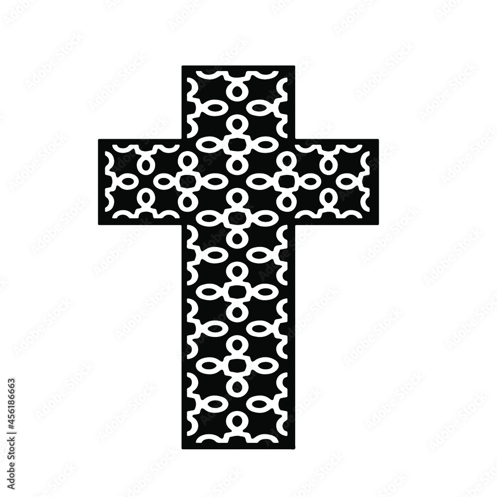 cross with black and white patterns on a white background. 