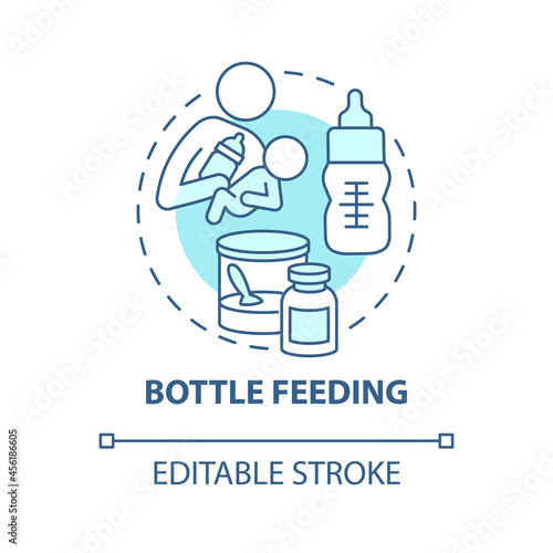 Bottle feeding blue concept icon. Feed baby with formula abstract idea thin line illustration. Feeding position. Bond between mother and newborn. Vector isolated outline color drawing. Editable stroke