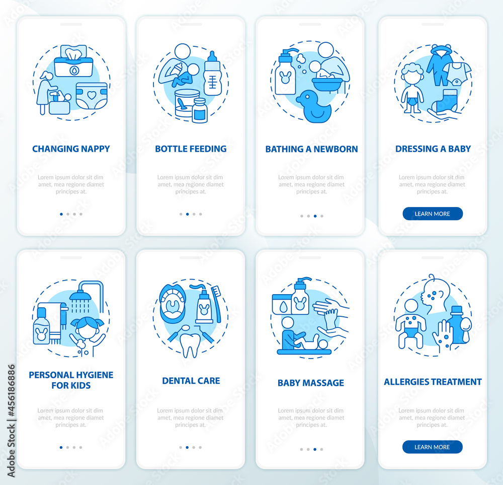 Raising child blue onboarding mobile app page screen set. Health care and hygiene walkthrough 4 steps graphic instructions with concepts. UI, UX, GUI vector template with linear color illustrations