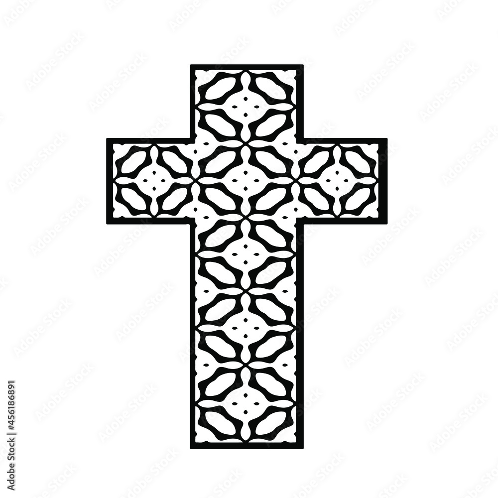 cross with black and white patterns on a white background. 