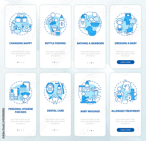 Raising child blue onboarding mobile app page screen set. Health care and hygiene walkthrough 4 steps graphic instructions with concepts. UI, UX, GUI vector template with linear color illustrations