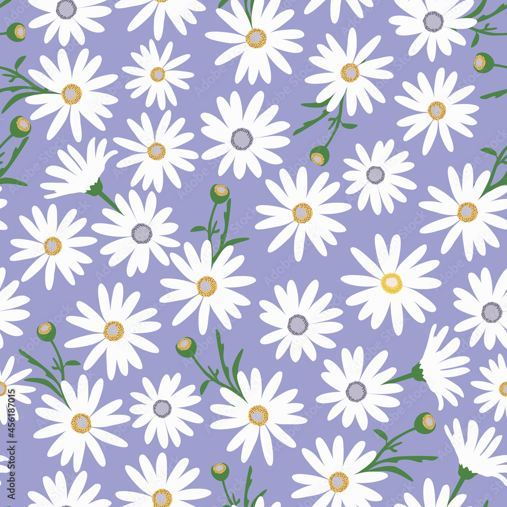daisy seamless pattern. ditsy white daisy or chamomile flowers on purple background for textile, fabric, clothing, stationary, dress, kimono, home decor, etc.