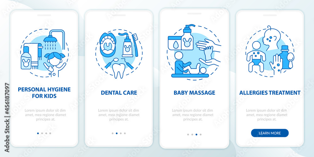 Naklejka premium Baby care blue onboarding mobile app page screen. Child physical health walkthrough 4 steps graphic instructions with concepts. UI, UX, GUI vector template with linear color illustrations