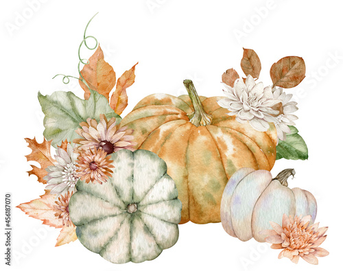 Watercolor pumpkins and fall flowers. Thanksgiving holiday arrangement. Harvest concept. Hand-drawn illustration isolated on the white background.