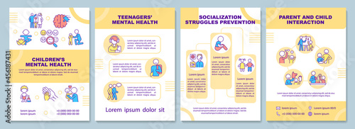 Children mental health brochure template. Child socialization. Flyer, booklet, leaflet print, cover design with linear icons. Vector layouts for presentation, annual reports, advertisement pages