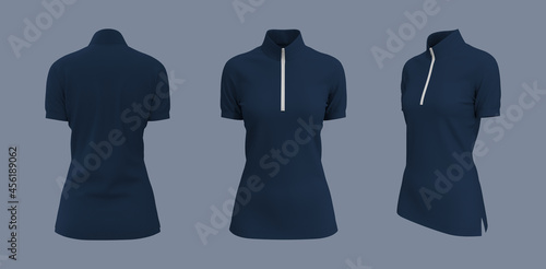 Blank turtleneck shirt mockup with half zip in front, side and back views, tee design presentation for print, 3d rendering, 3d illustration