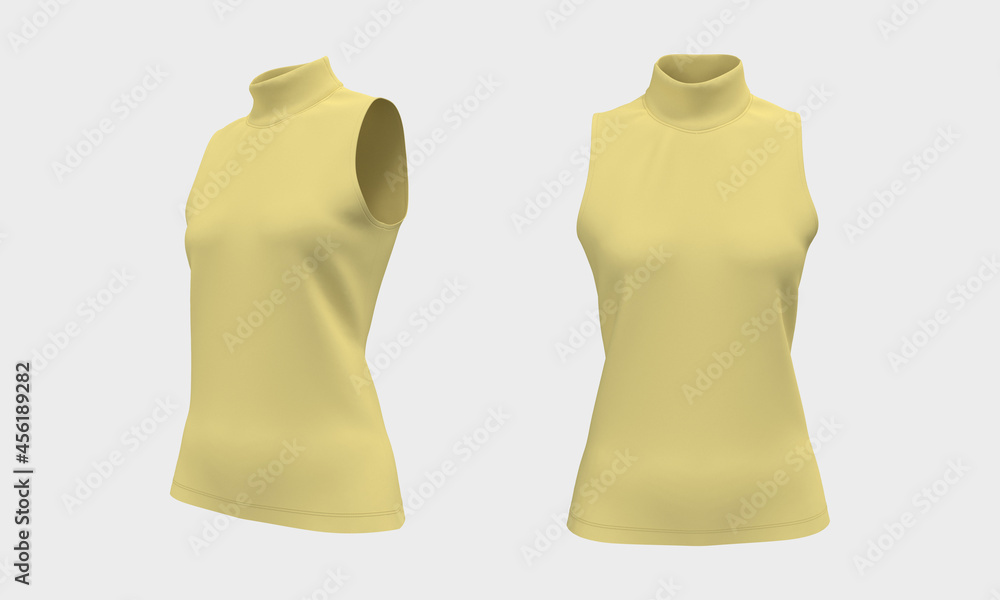 Sleeveless turtleneck shirt mockup in front and side views, 3d rendering, 3d illustration Sleeveless turtleneck shirt mockup in front and side views, 3d rendering, 3d illustration