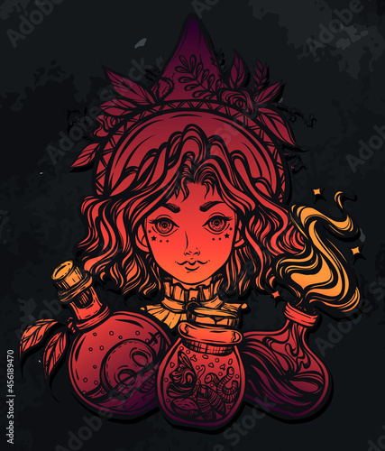 Vector illustration, Halloween, witch, bottles of potion, mystic, witchcraft. handmade, prints, background  chalkboard