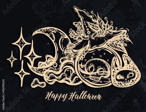 Vector illustration, Halloween, bottles of potion, witch hat, moon with stars, mystic, witchcraft, prints. handmade, background  chalkboard