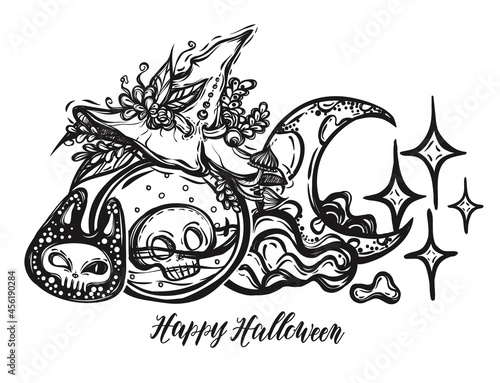 Vector illustration, Halloween, bottles of potion, witch hat, moon with stars, mystic, witchcraft. handmade, prints, tattoo