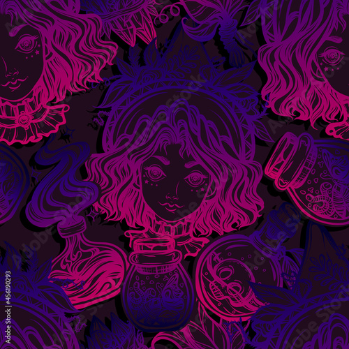 Vector illustration, Halloween, witch, bottles of potion, mystic, witchcraft. handmade, prints, background dark, seamless pattern