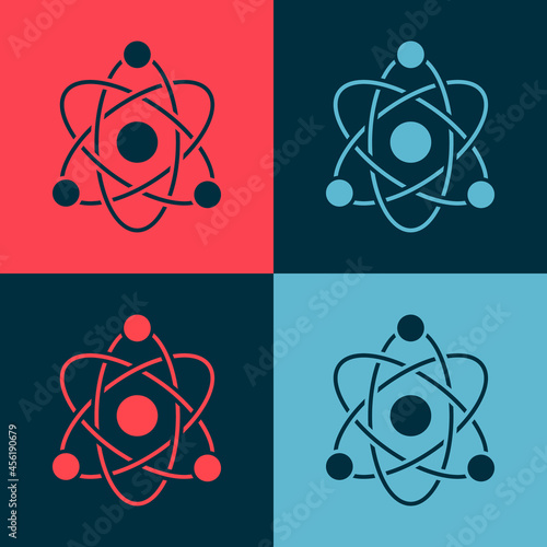 Pop art Atom icon isolated on color background. Symbol of science, education, nuclear physics, scientific research. Vector
