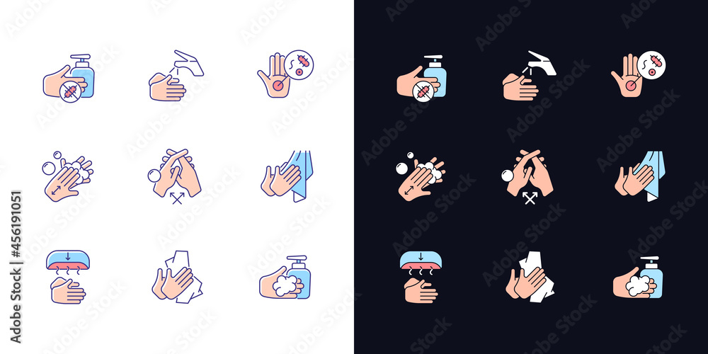 Hand washing steps light and dark theme RGB color icons set. Remove germs from hands. Apply soap, disinfectant. Isolated vector illustrations on white and black space. Simple filled line drawings pack Hand washing steps light and dark theme RGB color icons set. Remove germs from hands. Apply soap, disinfectant. Isolated vector illustrations on white and black space. Simple filled line drawings pack