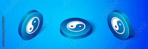 Isometric Yin Yang symbol of harmony and balance icon isolated on blue background. Blue circle button. Vector