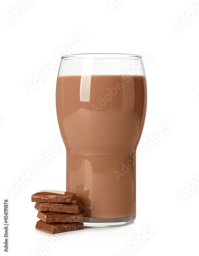 Glass of tasty chocolate milk on white background