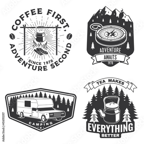Set of camping badges, patches. Vector illustration. Concept for shirt or logo, print, stamp or tee. Vintage typography design with camping equipment, forest, camper rv and mountain silhouette