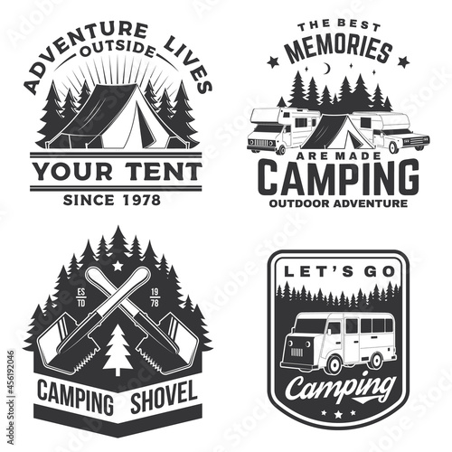 Set of camping badges, patches. Vector illustration. Concept for shirt or logo, print, stamp or tee. Vintage typography design with camping equipment, forest, camper rv and mountain silhouette