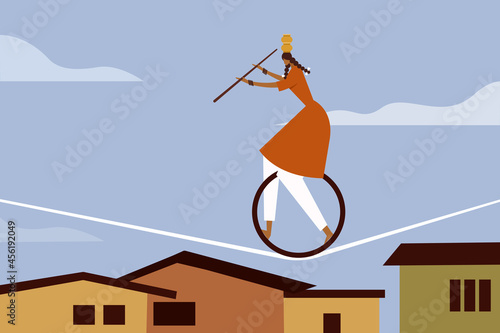 Illustration of a girl performs Indian street circus by carrying many things and walking over a rope photo