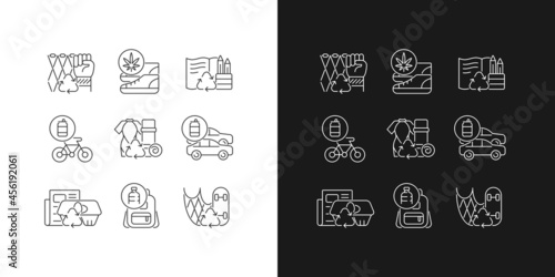 Reducing waste linear icons set for dark and light mode. Upcycling products. Biodegradable stationery. Customizable thin line symbols. Isolated vector outline illustrations. Editable stroke