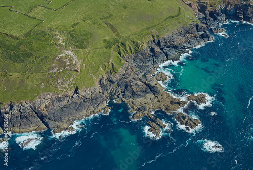 Aerial view of the rugged coastline of Cornwall, UK