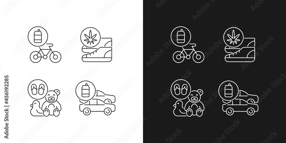 Recycling business linear icons set for dark and light mode. Eco friendly bike. Sustainable shoes. Customizable thin line symbols. Isolated vector outline illustrations. Editable stroke