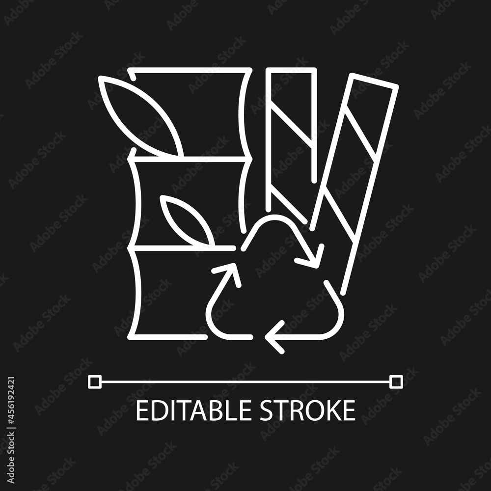Compostable straws from plants white linear icon for dark theme. Plant-based materials. Thin line customizable illustration. Isolated vector contour symbol for night mode. Editable stroke Compostable straws from plants white linear icon for dark theme. Plant-based materials. Thin line customizable illustration. Isolated vector contour symbol for night mode. Editable stroke