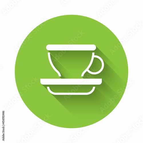 White Coffee cup icon isolated with long shadow. Tea cup. Hot drink coffee. Green circle button. Vector