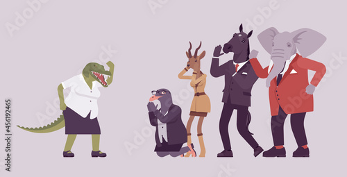 Animal crocodile attacking in anger elephant, roe, gull and horse. Workers and crying business female person of great power, office king in aggressive action against employees. Vector illustration