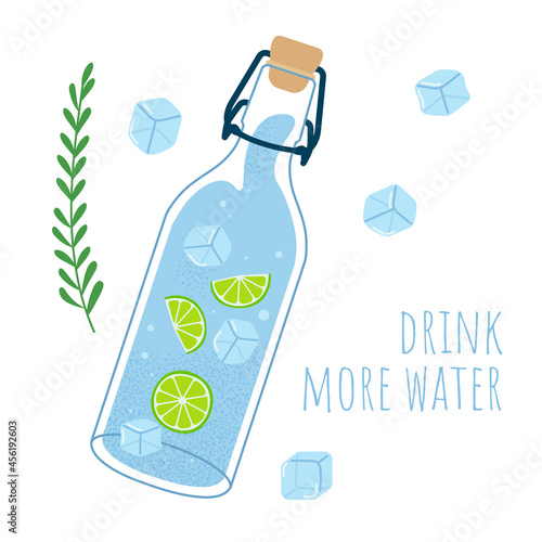 Glass jar with water, lime and ice. Drink more water concept. Vector illustration in hand drawn flat style