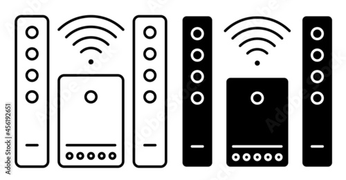 Linear icon. Home theater with speakers and wireless peripheral connections. Premium home cinema equipment. Simple black and white vector isolated on white background
