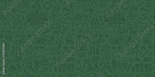 World Tourism Day. Forest and Mountain Tourist Seamless pattern. Camping Background for your design.