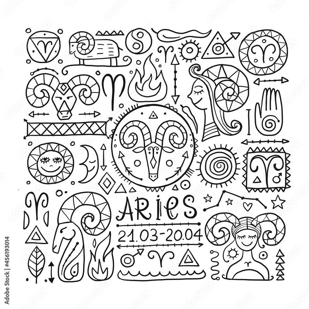 Illustration of Aries zodiac sign. Element of Fire. Design of Astrology Calendar, Horoscope, Print. Illustration of Aries zodiac sign. Element of Fire. Design of Astrology Calendar, Horoscope, Print.