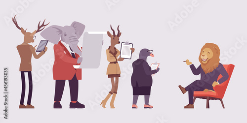Animals, deer, elephant, roe, gull bird reporting before lion boss. Workers and strong business male person of great physical power, courage, office king meeting his employees. Vector illustration