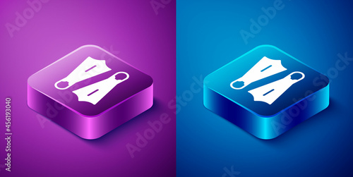 Isometric Rubber flippers for swimming icon isolated on blue and purple background. Diving equipment. Extreme sport. Sport equipment. Square button. Vector
