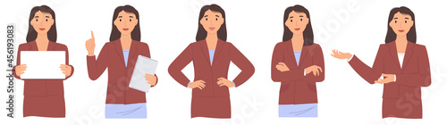 A set of beautiful young brunette girls in strict suits. A businesswoman, a professional, a student teacher in different poses, with a laptop, a poster, and crossed arms. Vector graphics.