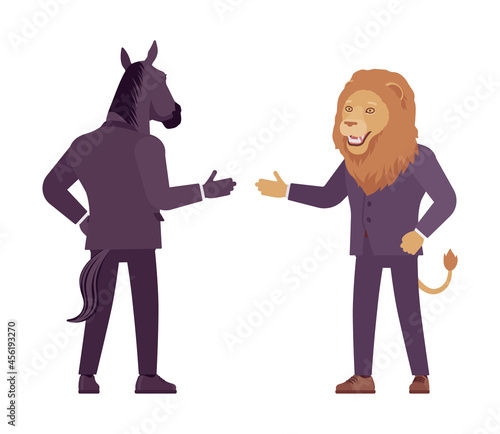 Animals, horse, lion meeting to greet, reach out hand shake. Large male beasts wearing formal human business wear facing each other for congratulation, agreement, farewell gesture. Vector illustration