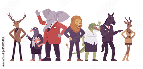 Different animals, deer elephant roe gull bird lion crocodile horse. Friendly group, kind pleasant creatures together, business beasts wearing formal human wear, standing. Vector illustration