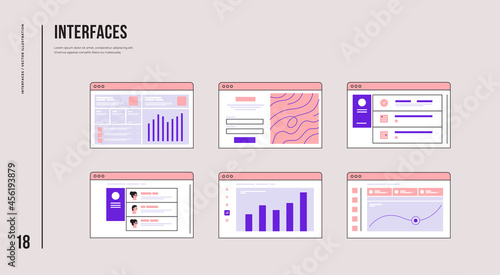 Set of user interface elements, UI and UX theme. Wireframe prototyping system for web and mobile projects. Site page interface. Development of computer technology. Vector flat illustration.
