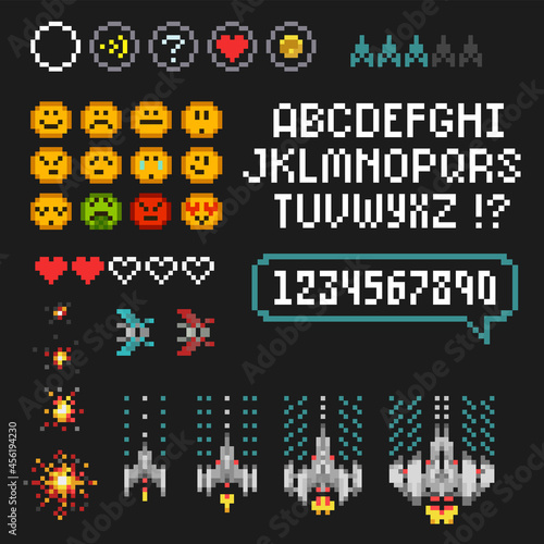 Retro 8 bit arcade game creator set with font alphabet. Ufo aliens, space ships, rockets. Pixel Art  8 bit computer game. Space arcade template vector illustration