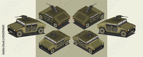 3d set of military off-road all-wheel drive vehicles of khaki color with a heavy machine gun on the roof